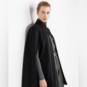 Zara Black Cape Coat with Faux Leather Trim, Size Small NWT